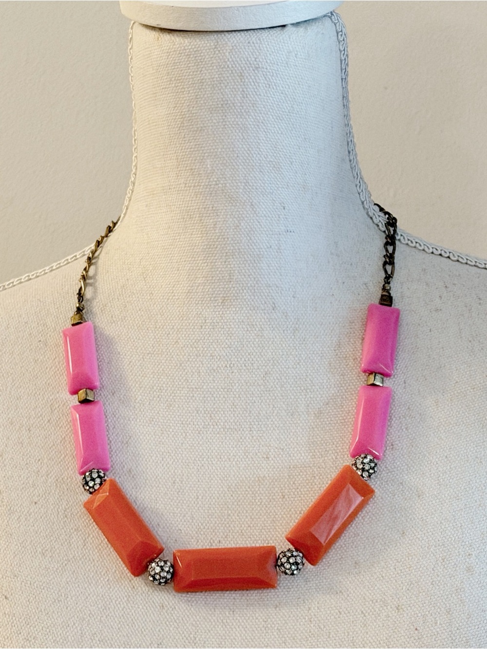 J.CREW Neon Pink & Orange Beaded Statement Necklace with Crystal Accents